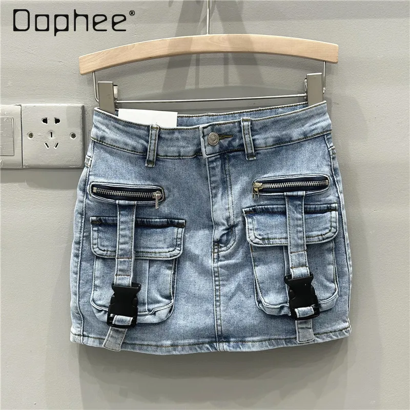 Retro Distressed Buckle Mini Denim Skirt 2024 Spring Hot Girl Cargo Pocket Short Skirt Slim Slimming Short Jean Skirts for Women toddler baby headwear 3 piece set spring autumn warm headband for baby boy girl newborn bow headband 0 2 years