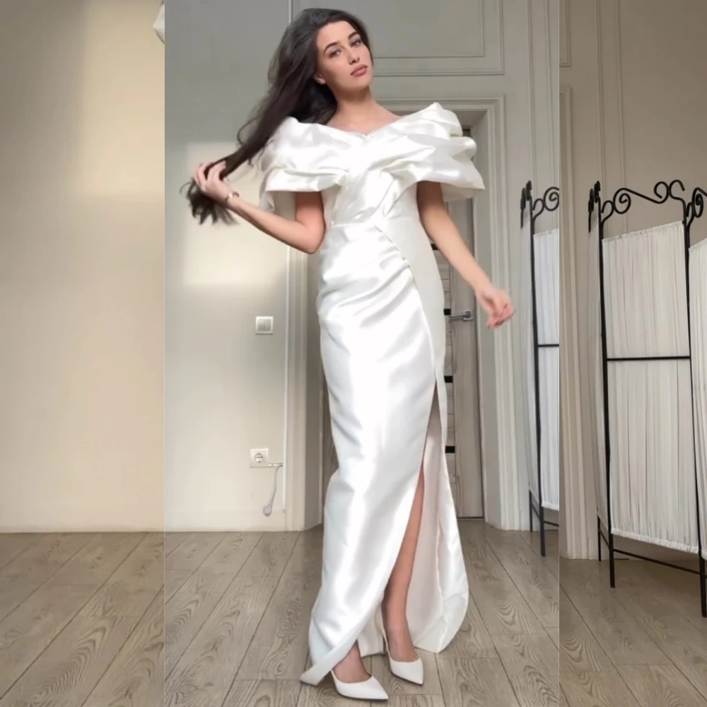 

Satin Pleat Ruched Birthday A-line Off-the-shoulder Bespoke Occasion Gown Long Dresses