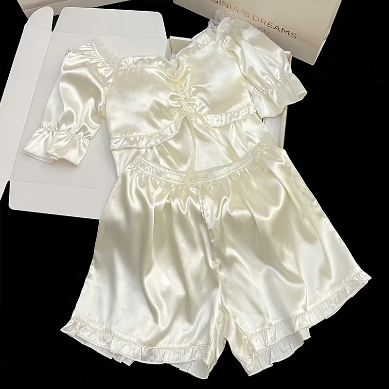 Ling Sleepwear For Women Simple Princess Style Summer Suspender Pajamas With Bra Pad Two-piece Set Thin Ruffled Home Clothes