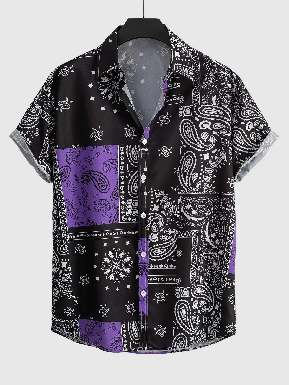 thumbnail image 1 of Camisa de manga corta con estampado Paisley para hombre nueva de 2024 con diseño de botones de solapa versátiles e informales con patrón étnico retro, 1 of 5