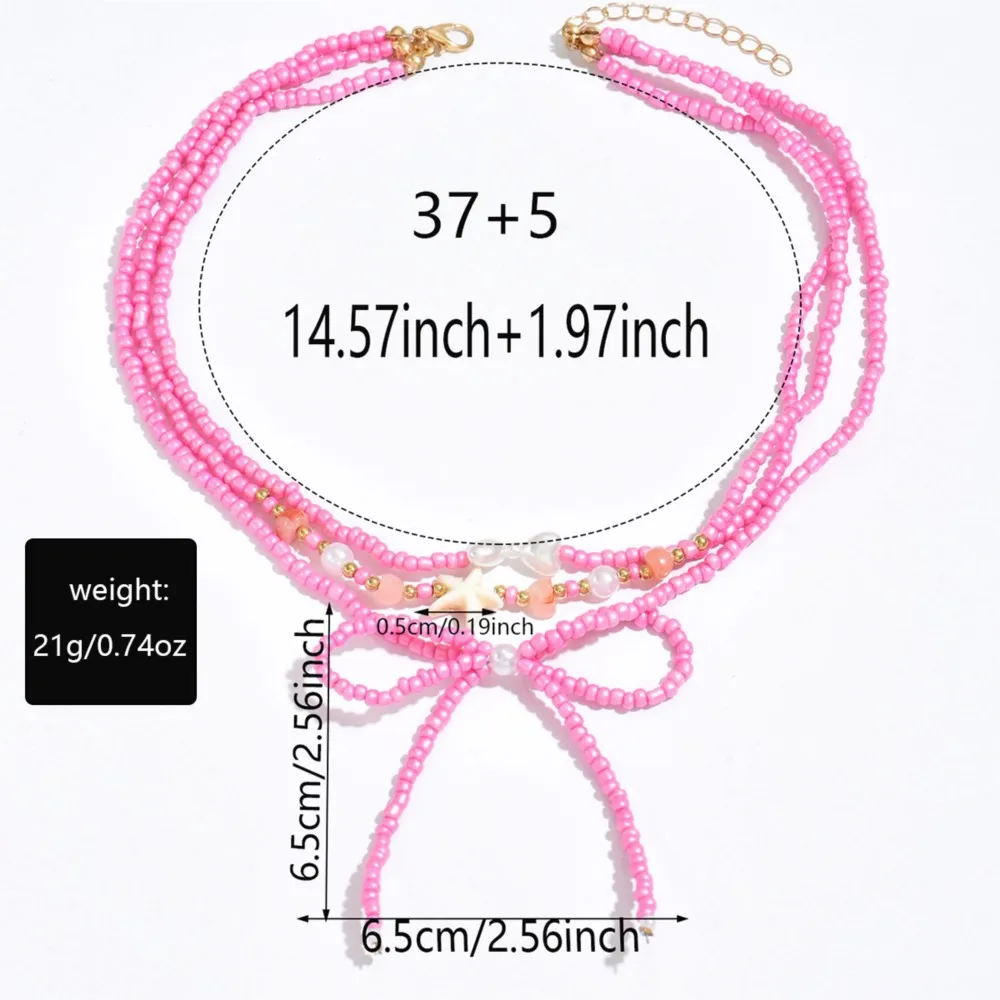 Multilayer Dopamine Bowknot Starfish Summer Stylish Beads Chain Necklace for Women Sweet Vocation Beach Jewelry Gifts