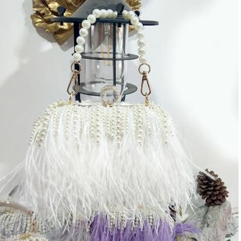 Luxury Feather Pearl Bag Real natural ostrich feather handbag with