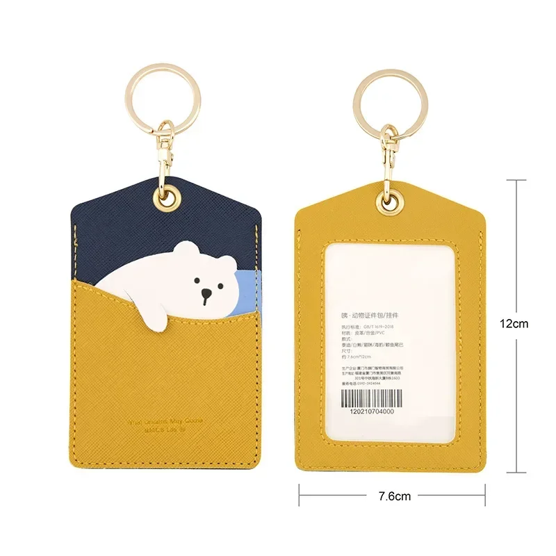 

High Quality Credit Card ID Badge Holder Cute Cartoon Leather Bear Pass Case Cover Card Case Key Holder Ring Luggage Tag Trinket