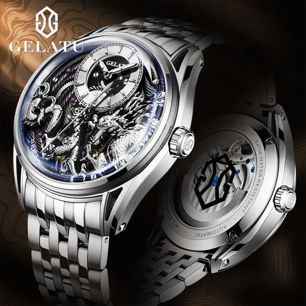 GELATU 6018 Men's Watch Top Brand Original Mechanical Watch For Men 50M Waterproof Luxury Hollow Dragon Automatic Wristwatch