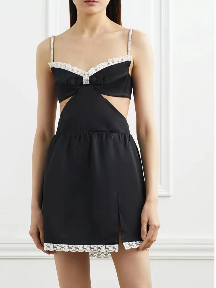 

Женское короткое платье с лямкой на шее, элегантное кружевное платье с декоративным бантом и разрезом, весна 2024