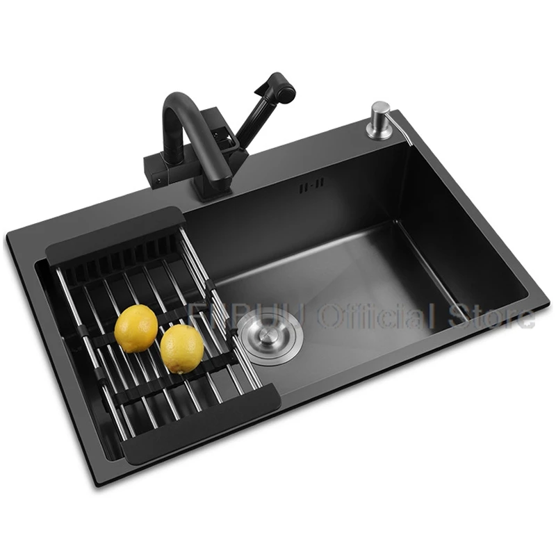 Black Nano Kitchen Sink 304 Stainless Steel Large Capacity Single Slot Thicken Vegatable Workstation with Multiple Accessories