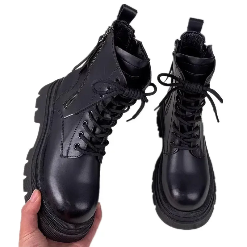 CD Ankle punk-inspired women's boots black cowhide with nylon cloth