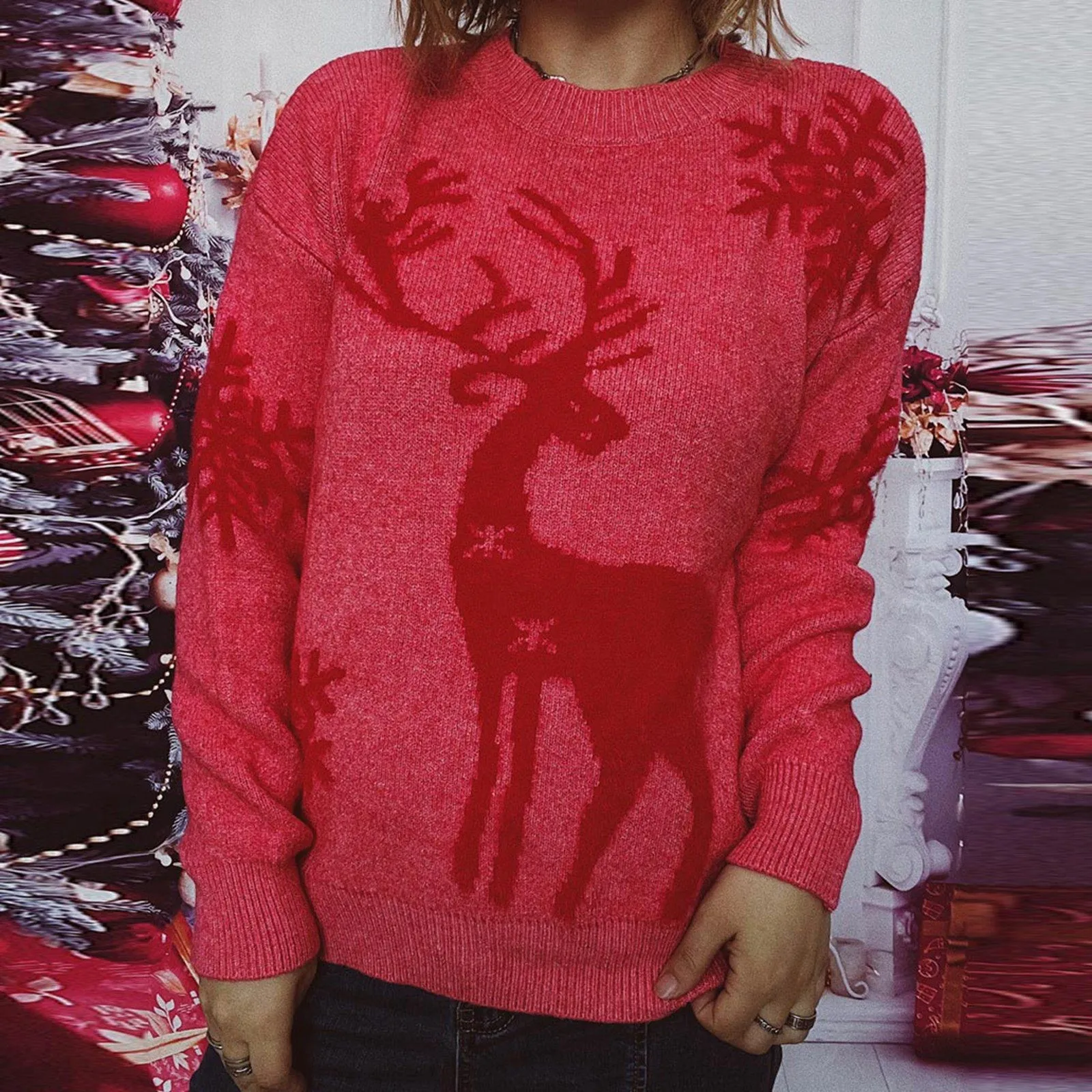 thumbnail image 1 of Suéteres de punto sueltos navideños para mujer, jersey de otoño e invierno, prendas de punto informales cálidas que combinan con todo, camisetas suaves para mujer, 1 of 5