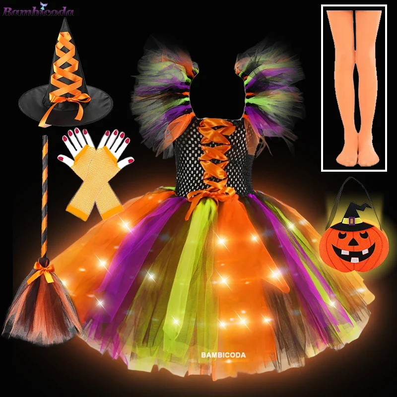 

Devil Witch for Girl Kids Princess Dress LED Light Up Dress Halloween Costume Carnival Party Disguise Scary Cosplay Vampire Set