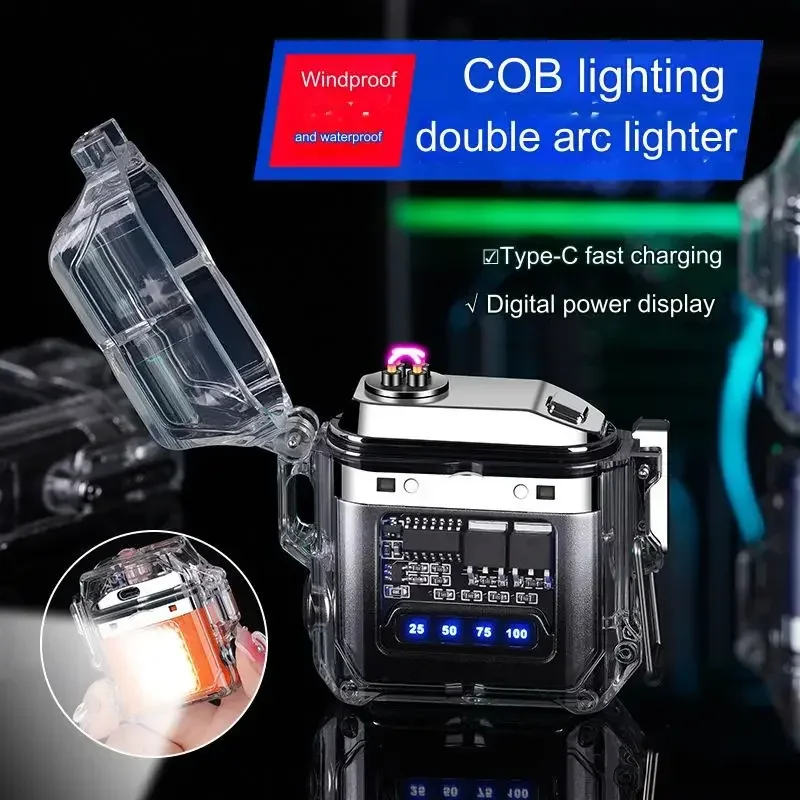 

2024 Electric Arc Lighter Outdoor Waterproof Lighter with Light Transparent Shell Power Display Rechargeable Lighter Men Gift