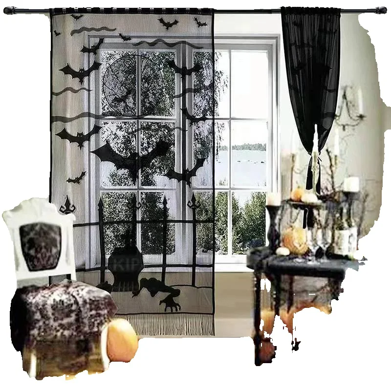 New 1 Pcs Halloween Decoration Spider Witch Bat Skull Door Curtain Ghost Festival Black Lace Curtain Home Party Decoration