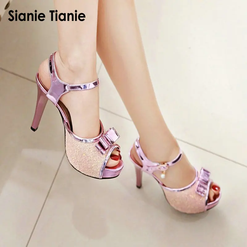 Sianie Tianie summer thin high heels glitter sandals woman summer shoes bling gladiator platform sandals slingback size 44 45 46