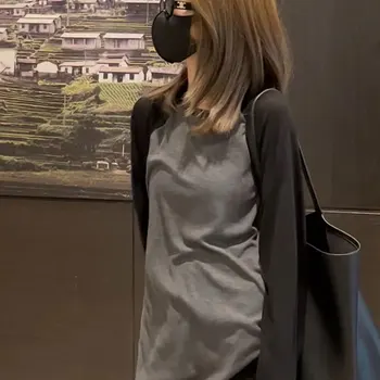 세련된 대형 소매 티셔츠 여성 봄 가을 새로운 패션 아름다운 색상 차단 루즈핏 탑 유럽 스타일