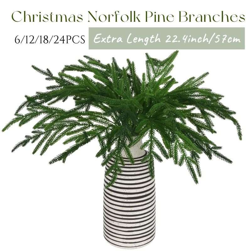 6-24Pcs Christmas Norfolk Pine Branches 22" Fake Greenery Pine Stems Artificial Plants Pine Needle for Indoor Outdoor Decor