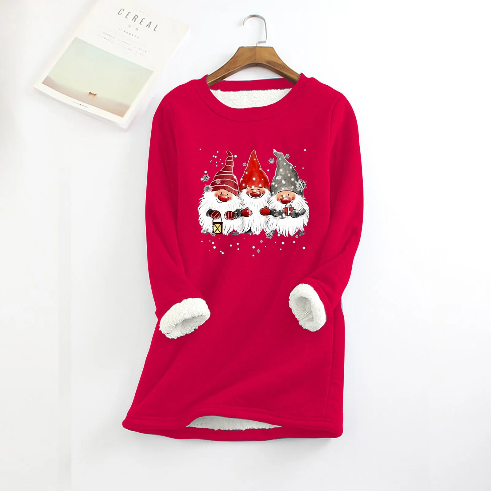

Oversized Sweatshirt For Women Warm Soft Thick Fleece Lined Christmas Pattern Gnome Printed Hoodless Pullover Graphic Hoodies