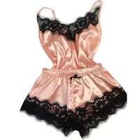 Ensemble pyjama d'été en dentelle et soie pour femmes, vêtements de nuit, Lingerie Sexy, haut et short, confortable et décontracté 1