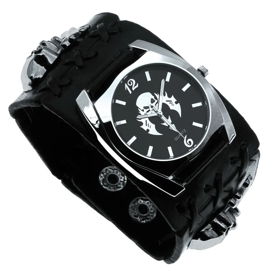 Orologio Uomo Punk Con Teschio E Diamanti | Quadrante Rettangolare, Cinturino In Pelle, Movimento Al Quarzo Giapponese