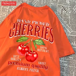 Women's Oversized Cherry Print Cotton T-Shirt - Soft Crewneck Streetwear Top - S (Orange)