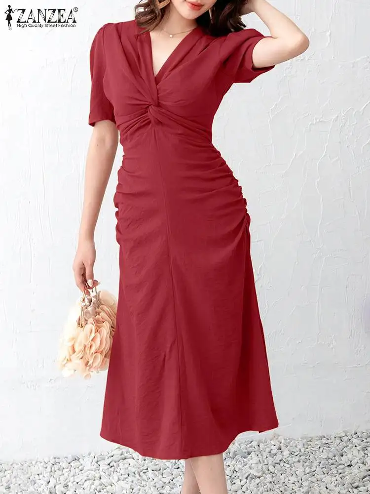 

ZANZEA Fashion Women Pleats Wrap Dress Sexy V-neck Robe Vintage Solid Midi Dresses 2023 Summer Twisted Waisted Slim Vestidos