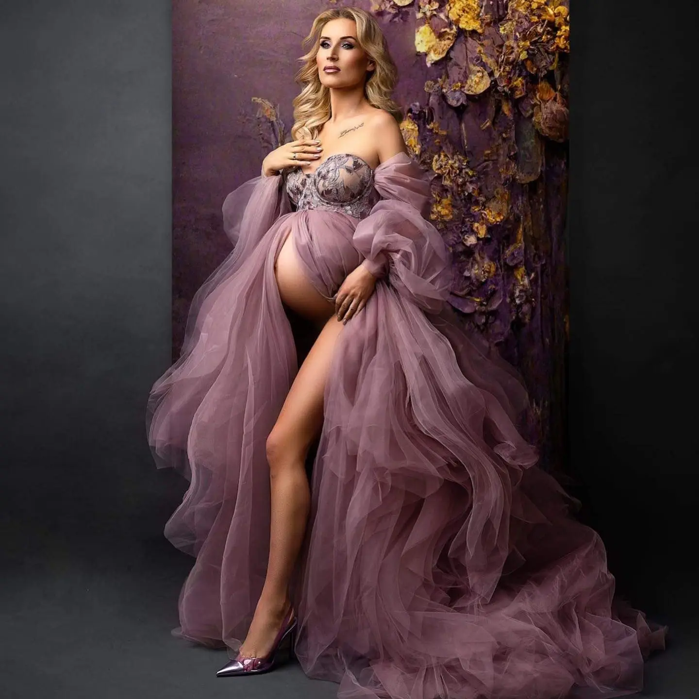 

18235#Photo Shoot Dusty Pink Tulle Sequin Maternity Dress with Long Train Puff Sleeves Plus Size Open Front Baby Shower Gown