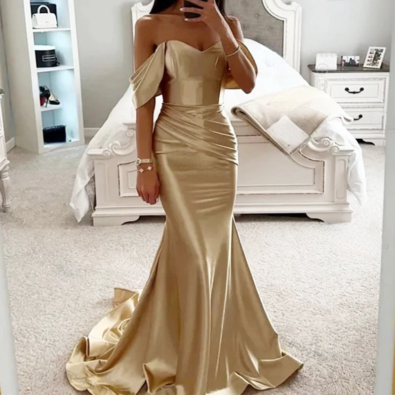 

Luxury Shinny Slim Waist Mermaid Evening Dresses High End Slash Neck Solid Simple Prom Vestidos Popular Long Temperament Gown