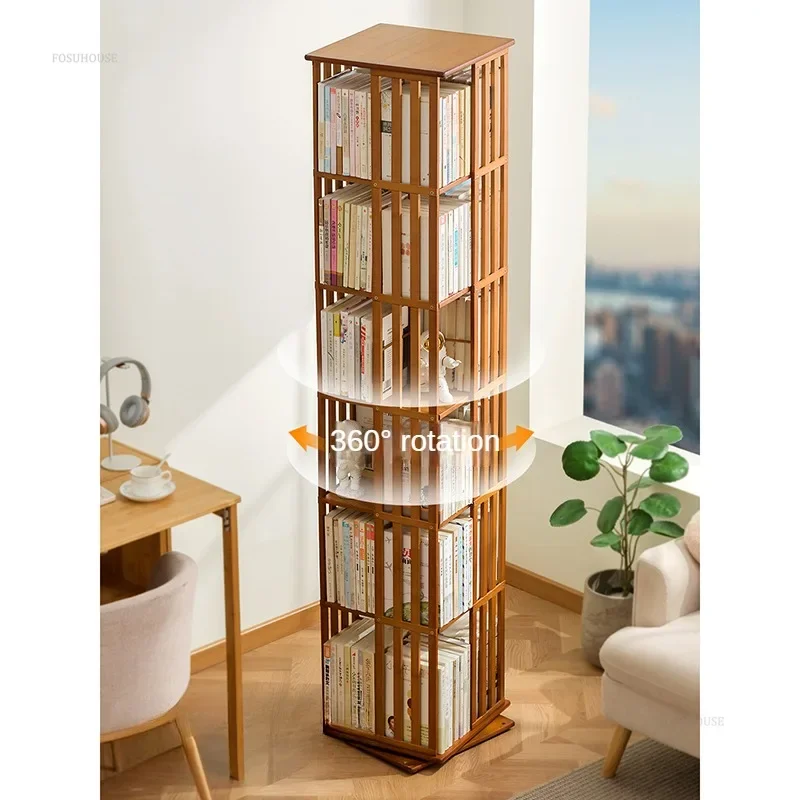 Chinese Simple Bookcase for Study 360&deg; Rotating Layered Storage Bookcases Creative Bamboo Rotating Bookcase for Living Room