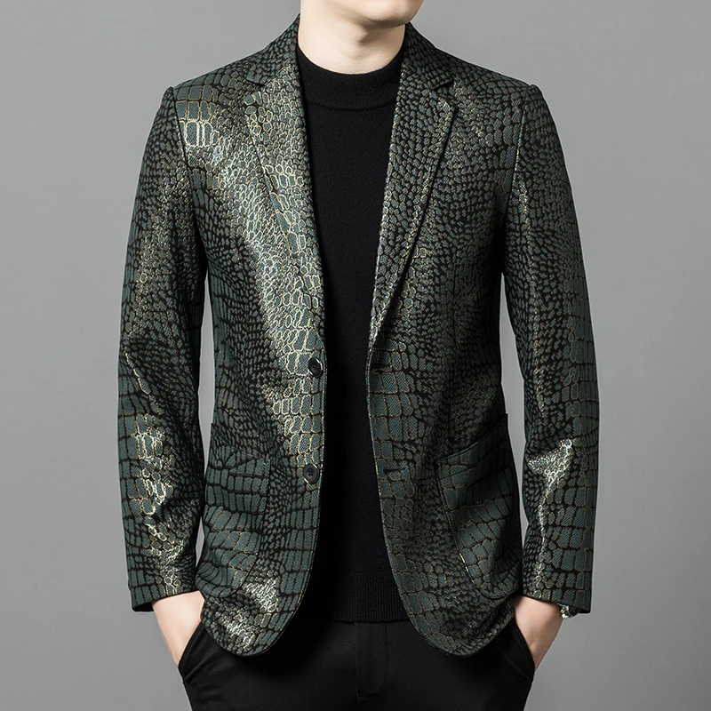 GreenLeopardHighEndBlazersForMenSheepskinPocketSlimFitWinter