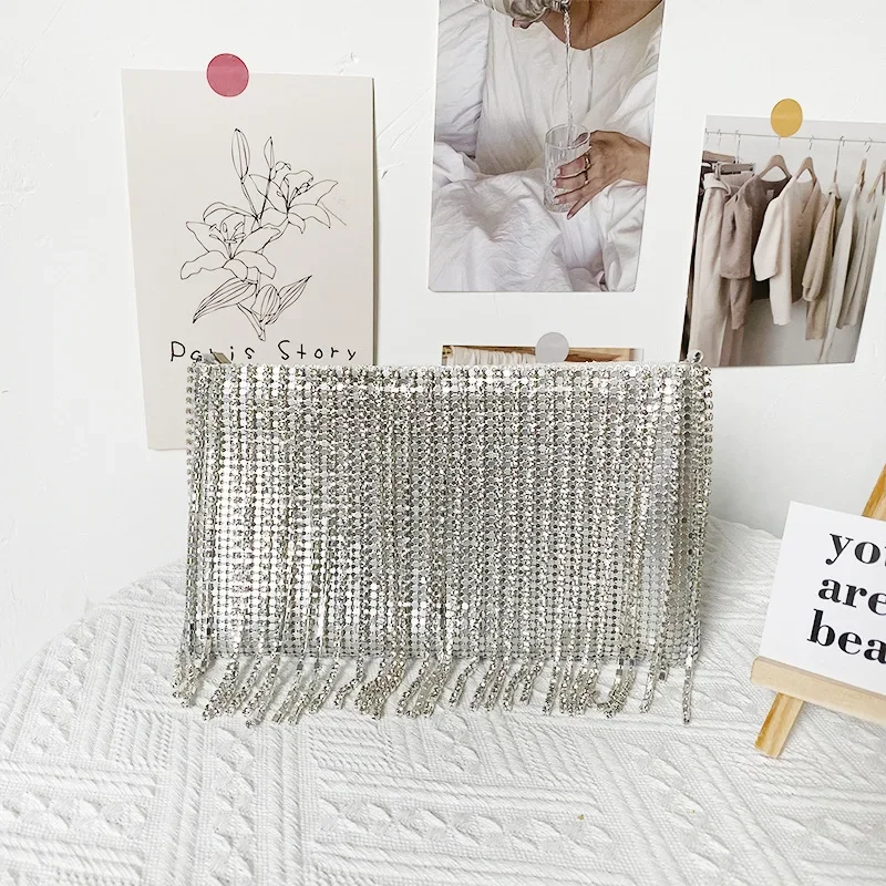 Fashion Shining Rhinestone Tassel Chain Handbags For Women Trendy Black Silver Color Square Shoulder Bags Female Daily Handbags