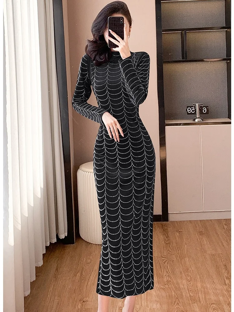 New Designer Fashion Women's Long Sleeve Stand Collar Diamond Velvet Dress  Autumn Winter High Waist Dresses Female Clothing - AliExpress 200000345