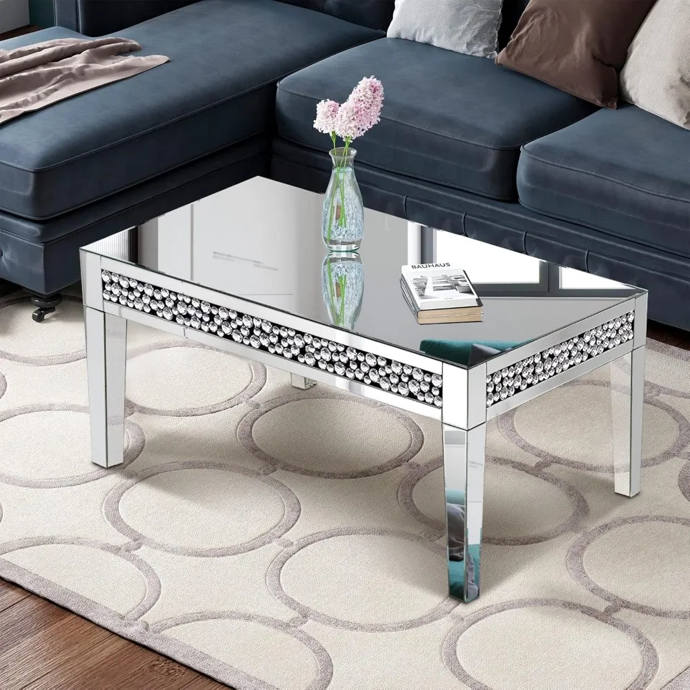 Rectangle Mirrored Coffee Table, Silver Living Room Table with Cryatal Diamond Inlay