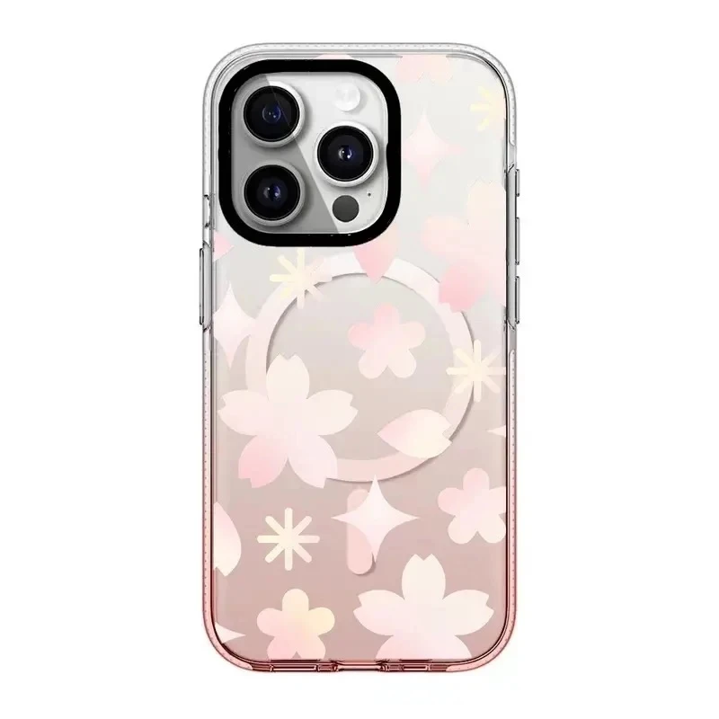 Sakura Flower Pink Gradient Transparent Border iPhone 13 14 15 Pro Max Case with MagSafe