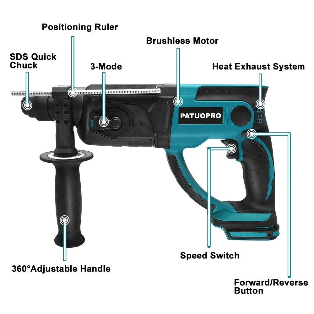 PATUOPRO 28mm Brushless Rotary Hammer Drill 3-Mode Variable Speed Hammer Drill Chiselsing Power Tool For Makita 18V Battery 5