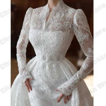 Abiti da Sposa Avorio da Donna Eleganti con Collo Alto in Pizzo a Maniche Lunghe, Abiti da Sposa Musulmani da Principessa per Ballo di Fine Anno, Abiti Formali Personalizzati