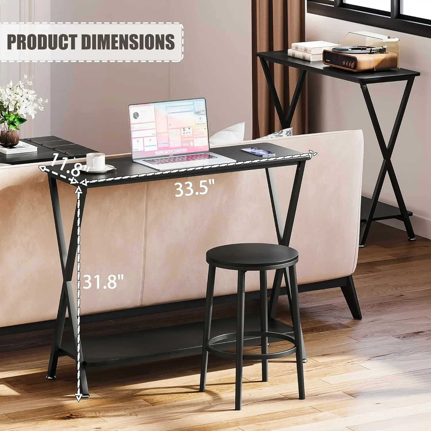 Narrow Console Table, Wood Sofa Table with Shelf, Metal Frame, 2-Tier Industrial Entryway Table For Living Room, 80*30*81cm