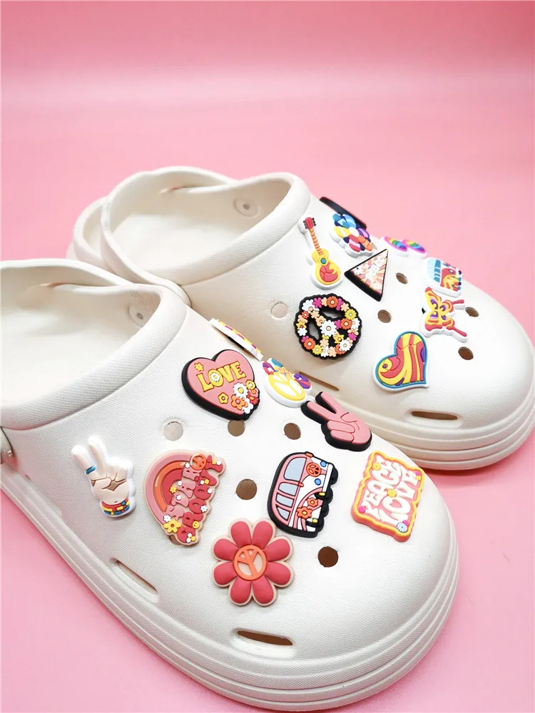 Love Peace Theme Shoe Charms Croc Jeans Ornaments Kawaii Cartoon Buckle  Accessories Fit Croc Clogs Decorations Adult Kids Gifts