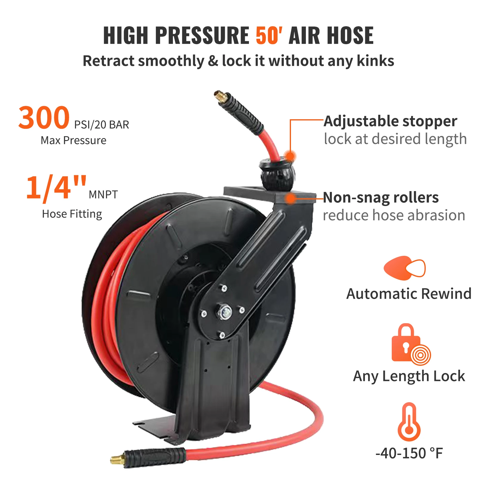 VEVOR Retractable Air Hose Reel 3/8 IN x 50 FT Hybrid Polymer Hose  Pneumatic Ceiling / Wall Mount Heavy Duty Double Arm Steel - AliExpress