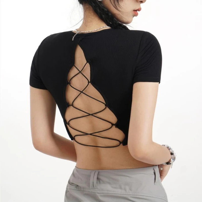 Women's O-neck Backless T-shirt Short Sleeve Solid Color Crop Top Summer Cute Baby Tee Y2K Clothes Skinny Tunics Fashion Tops
