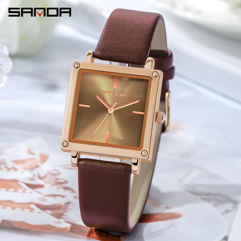 

SANDA Women Square Sport Watches Fashion Leather Strap Analog Quartz Wristwatch Big Dial Vintage Elegant Ladies Watch Reloj Muje