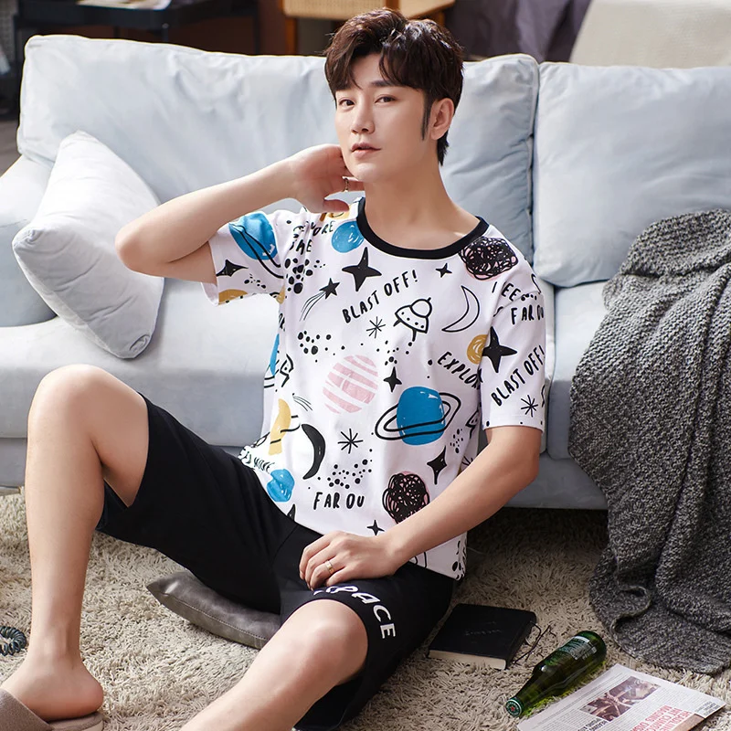2022 New Summer Pajamas Men's Cotton Short Sleeved Shorts Spring And Autumn  Youth Large Size Home Clothes Can Be Worn Out