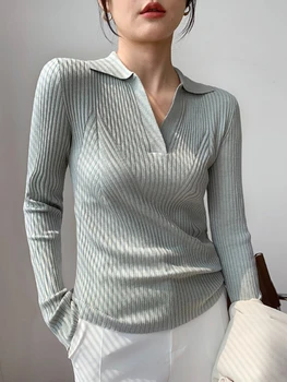 AOSSVIAO موضة بولو طوق البلوز المرأة خريف 2025 كم طويل نحيف أنيق محبوك القمم الصلبة عادية مضلع البلوزات 3