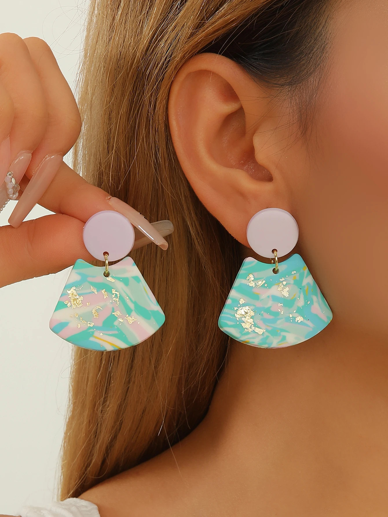 Artistic Lavender Rainbow Clay Earrings with Gold Foil Geometric Dangle