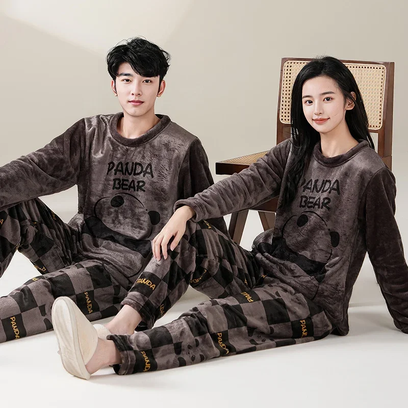 Simple Coral Fleece Couple Pajamas For Women Autumn And Winter