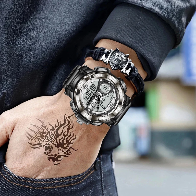 LIGE Fashion Men Military Watches Top Brand FOXBOX Dual Display  Silicone Strap Quartz Watch For Men Waterproof Sport WristWatch