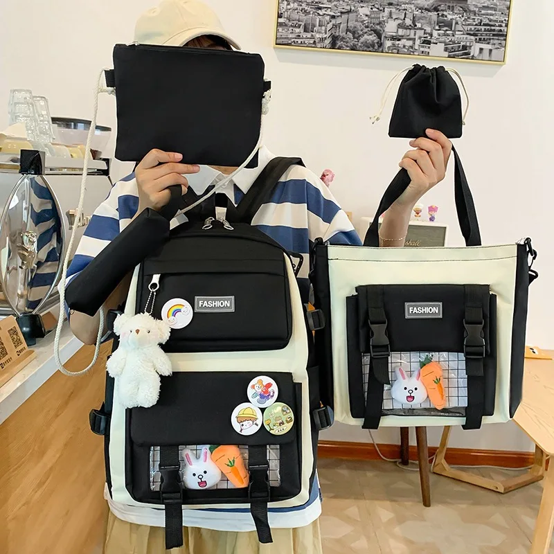 

5Pcs Canvas Backpack School Bags for Teenage Girl Boy Handbags Shoulder Bag Crossbody Storage Bag Purse Large Capacity Rucksack
