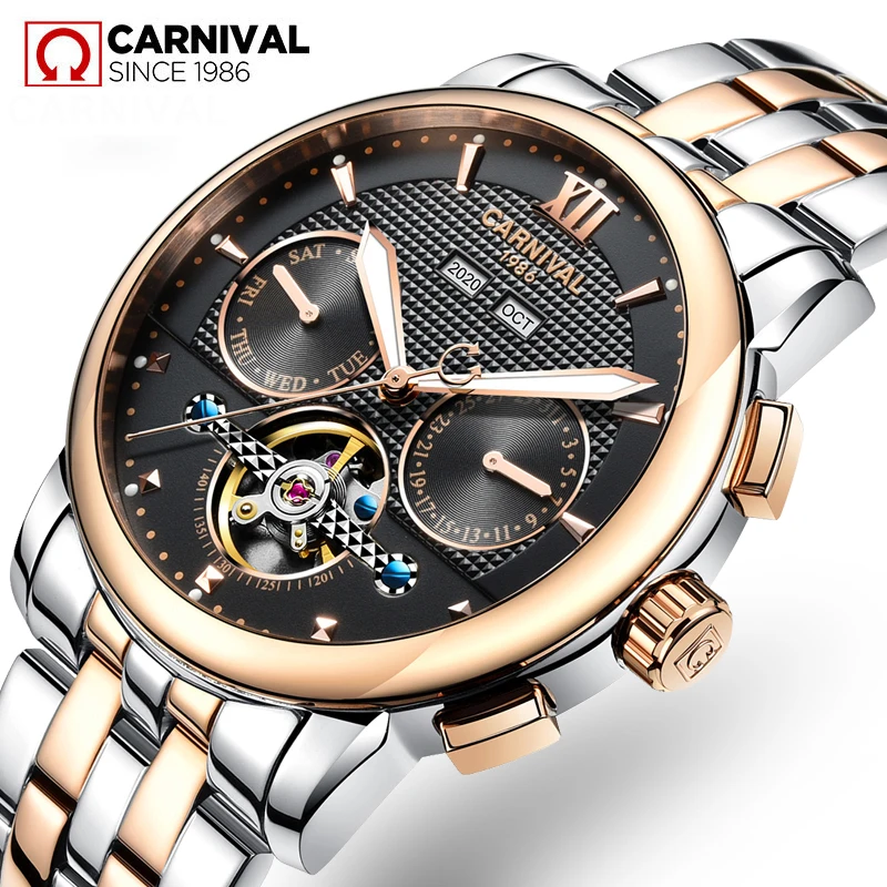 CARNIVAL Automatic Mechanical Watches Sports Men Full Steel Luxury Watch with Perpetual Calendar Clock Luminous Reloj Hombre
