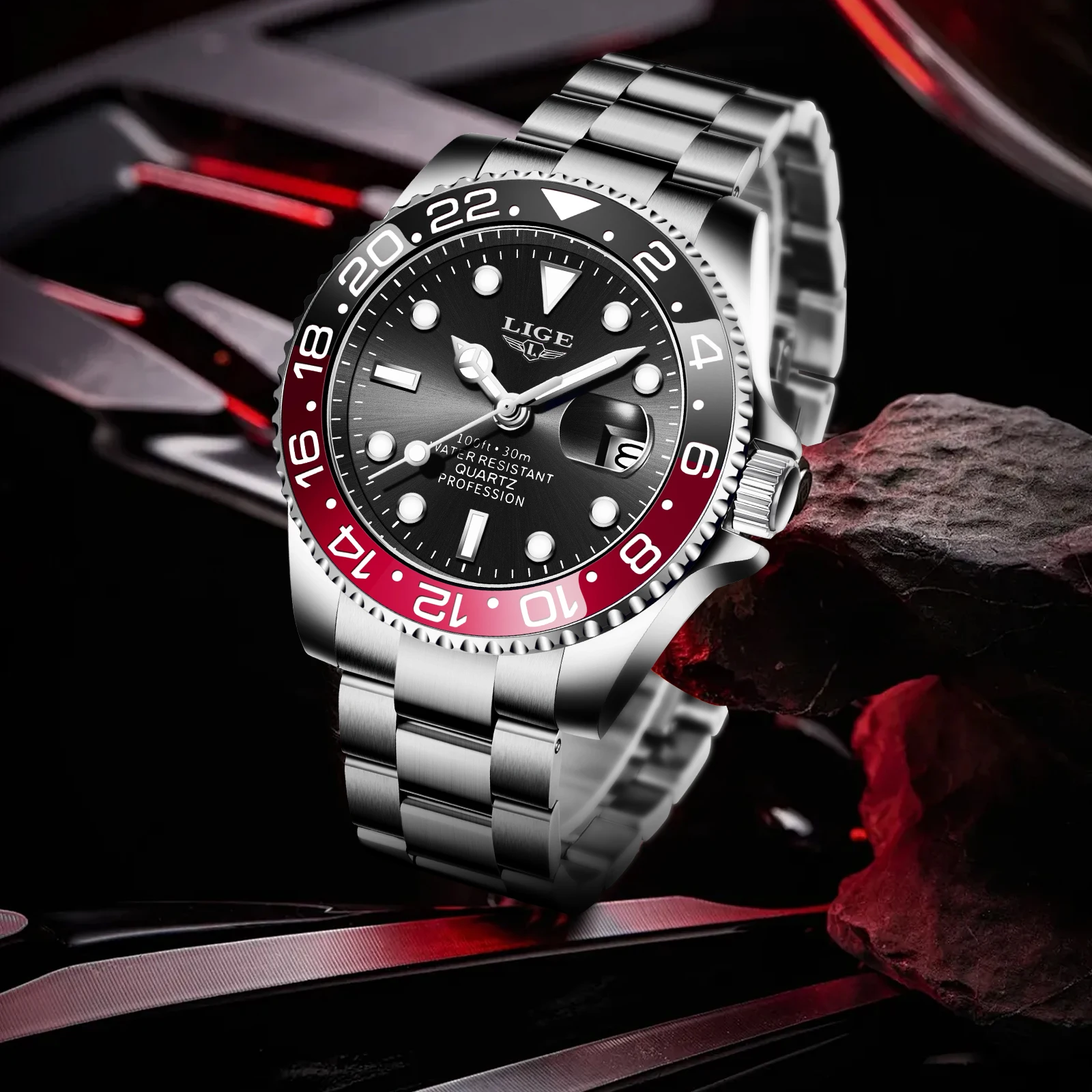 Elegant LIGE Men's Luminous Stainless Steel Quartz Luxury Watch - Waterproof Business Timepiece