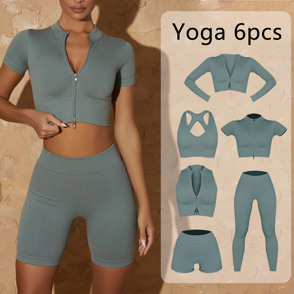 

Seamless Women Yoga Set Workout Sportswear Gym Clothing Zipper Long Sleeve High Waist Leggings Fitness Bra Athletic Sports Suits
