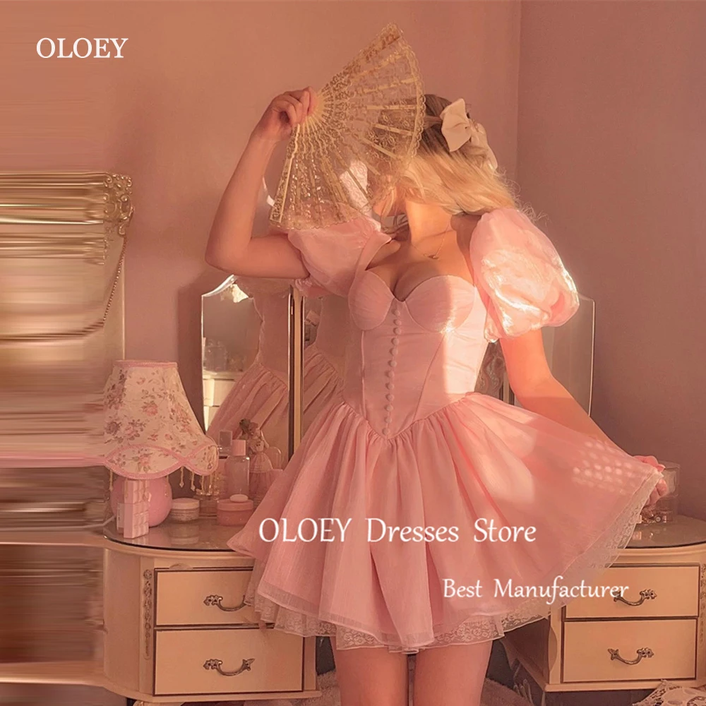

OLOEY Cute Lovely Short Pink Party Prom Dresses Puff Short Sleeves Sweetheart Buttons Lace Organza Mini Sexy Cocktail Dress
