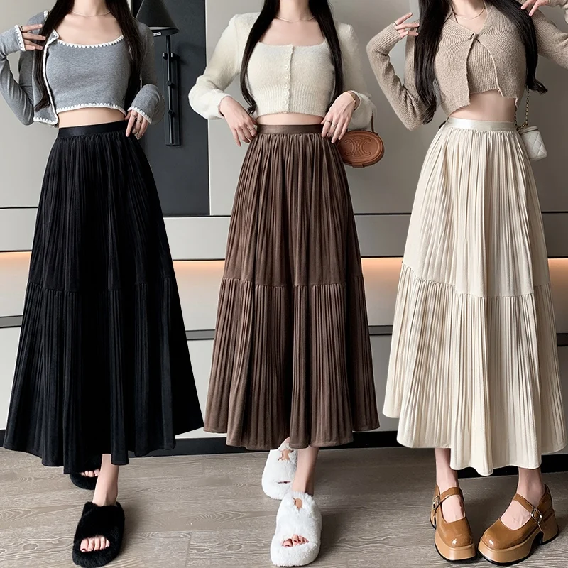 

Винтажная бархатная плиссированная юбка, Женская осенне-зимняя элегантная эластичная длинная юбка с высокой талией, Женская корейская мода, облегающие женские юбки