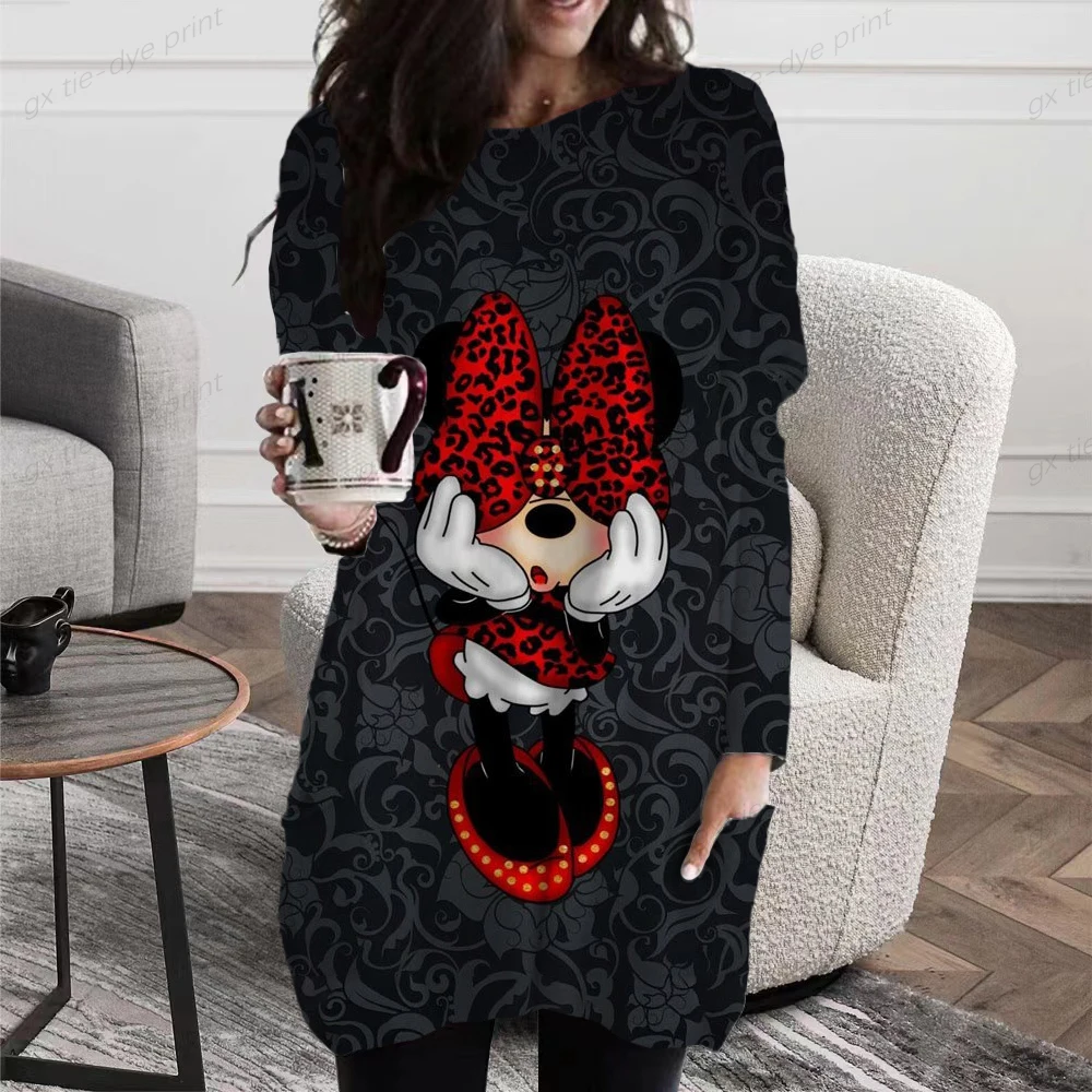 

Women's Vintage Disney Mickey Minnie Printed T-shirt Harajuku Autumn New Style Pocket Elegant Top Long Sleeve Casual T-shirt